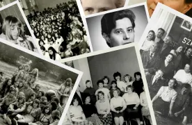 Świętujemy 80-lecie Baner ze starymi zdjęciami nauczycieli i uczniów szkoły