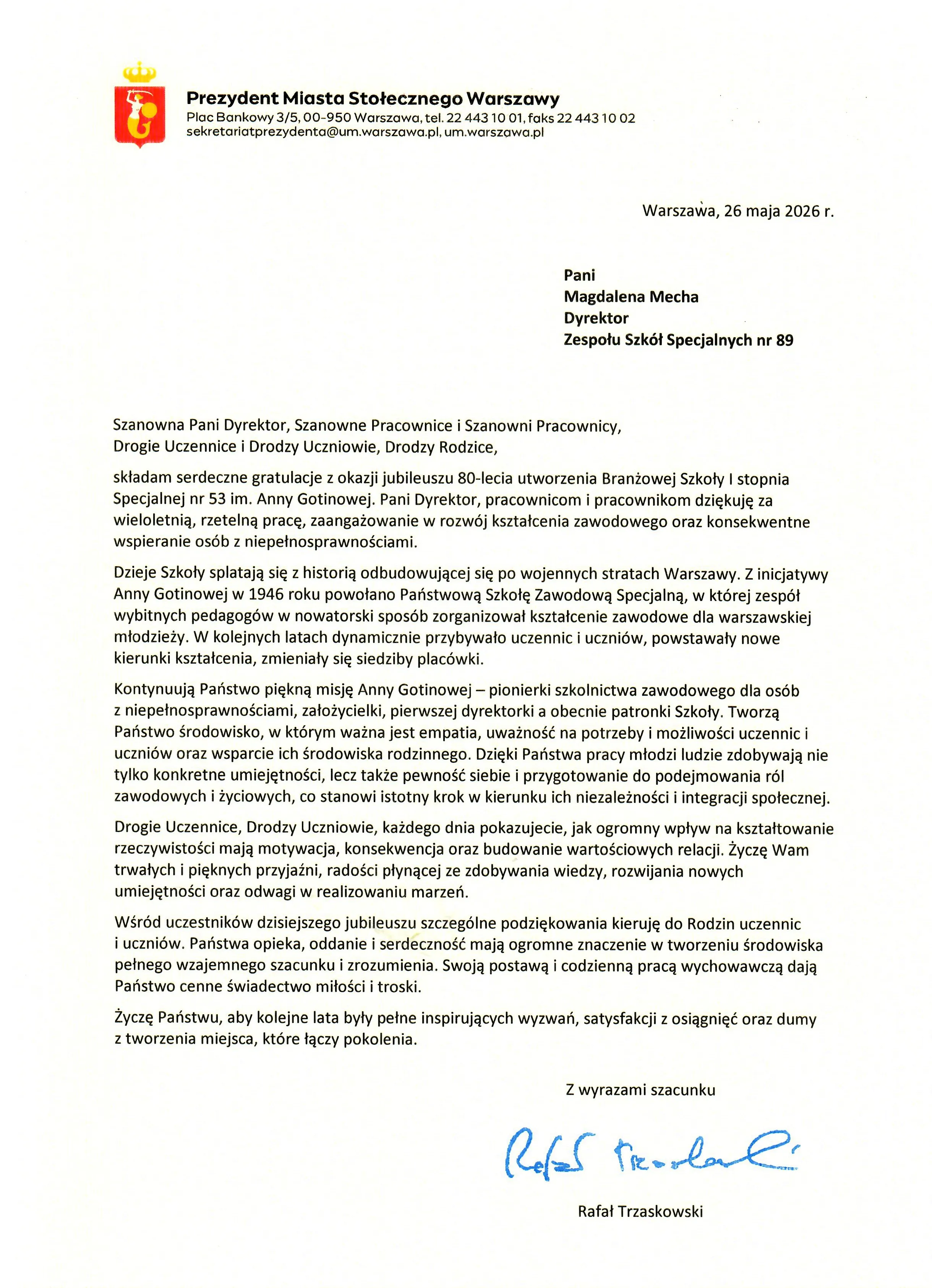 List gratulacyjny_Rafał Trzaskowski