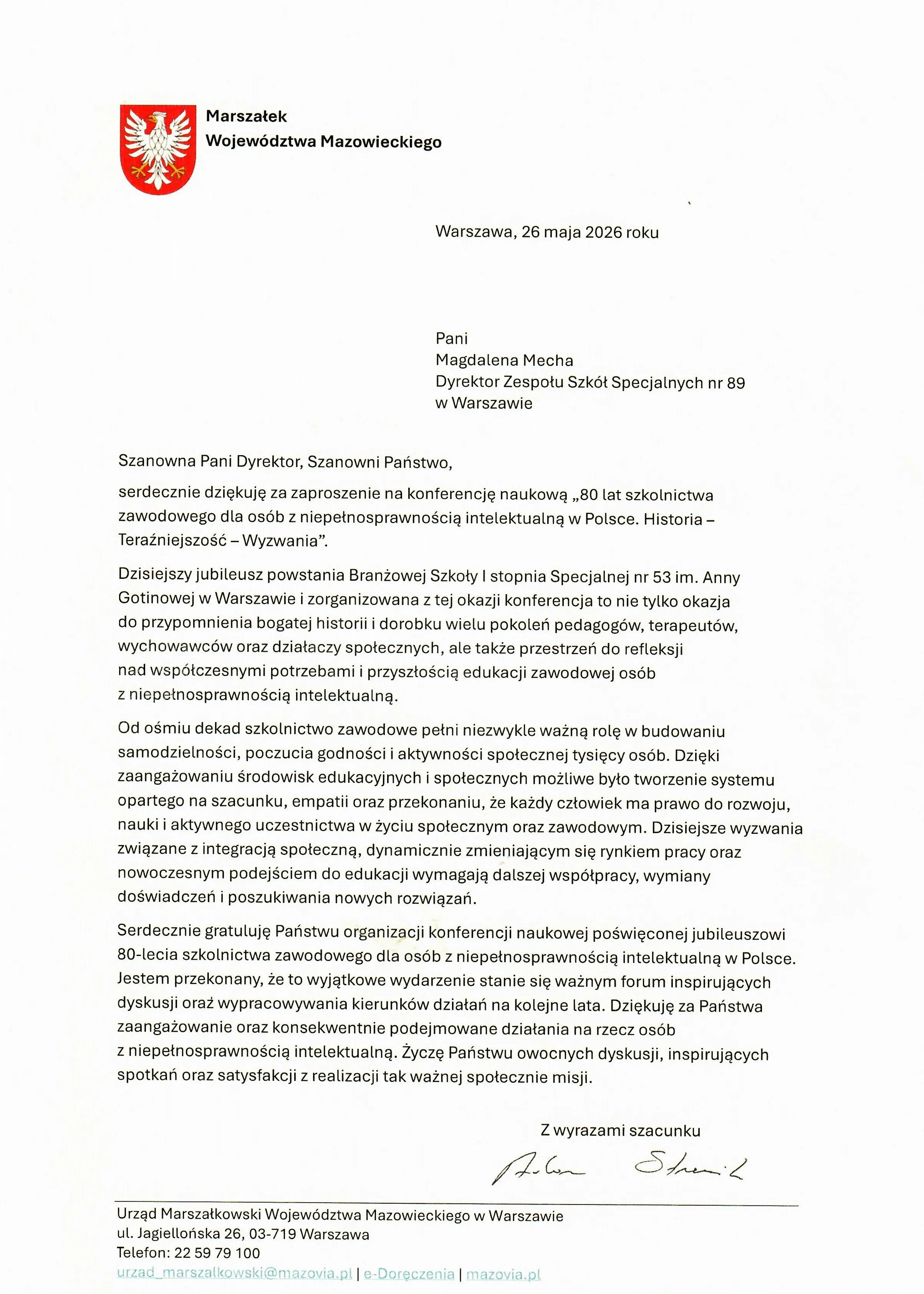List gratulacyjny_Marszałek Województwa Mazowieckiego